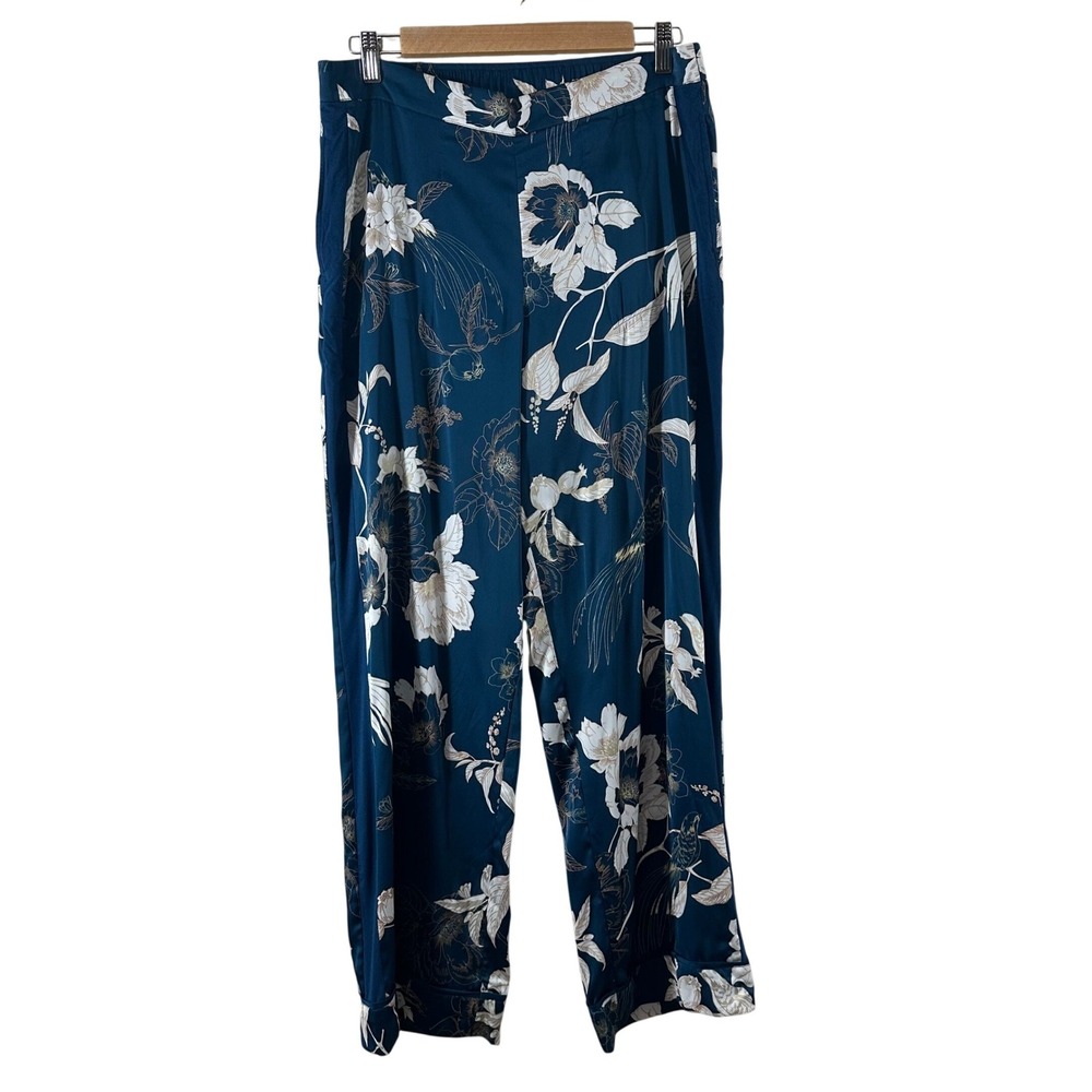 Soma Womens Teal Blue Floral Bird Print Wide Leg Lounge Pajama Pants Size Medium